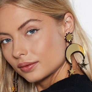 Gold Crescent Moon Star Laser Cut Mirror Earrings